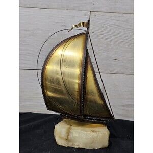 Vintage Sailboat Sculpture 1975 John DeMott Signed Nautical Brass and Onyx